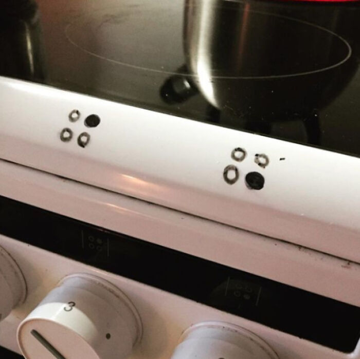 A close-up of a stove top with confusingly placed symbols for the burners, an example of design fails.