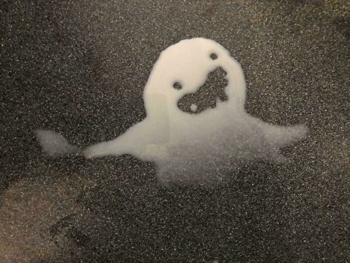 A white, ghost-like splat on a dark surface with two eye-like holes, a weird and unexpected moment.