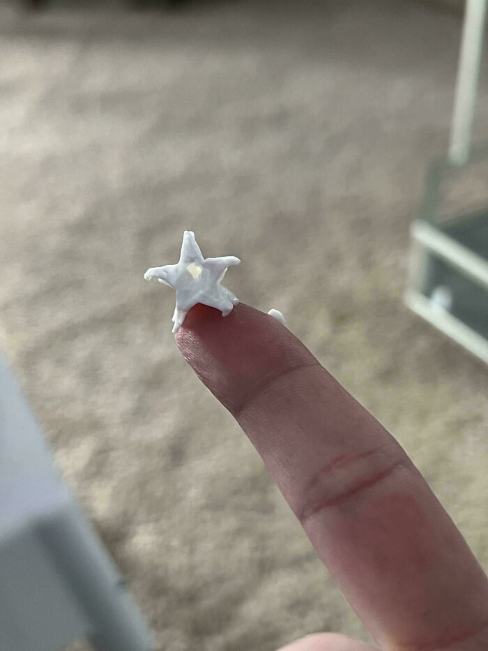 A small, white, star-shaped piece of something on a fingertip, making for interesting moments.
