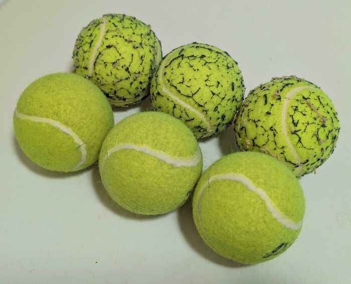 Three new tennis balls and three heavily worn, cracked tennis balls, an unexpected moment that made the day interesting.