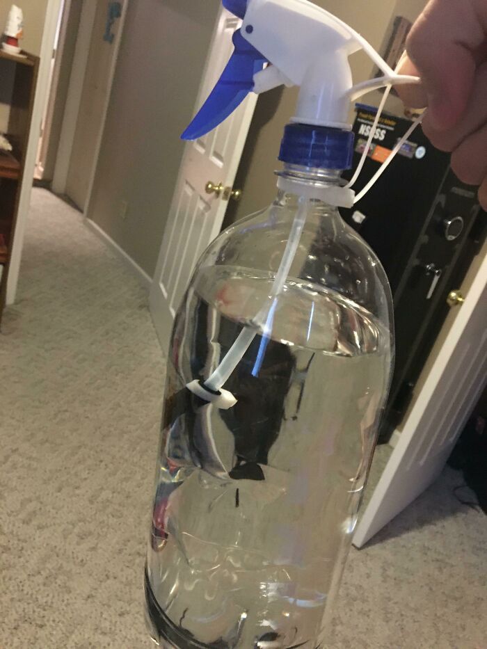A DIY spray bottle created by attaching a spray nozzle to a large plastic bottle, showcasing a hilariously bad example of DIY.