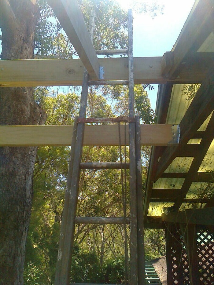 A hilariously bad DIY ladder extension, showing a dangerous and unstable construction for climbing.