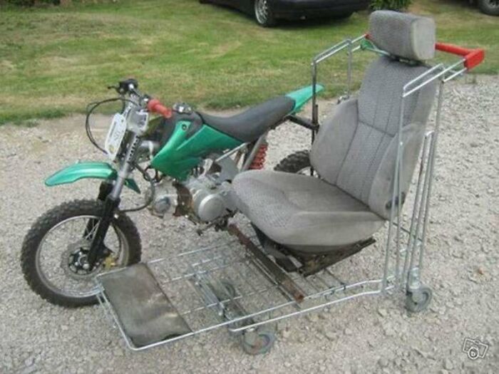 A hilariously bad DIY motorized shopping cart with a dirt bike engine and a car seat.