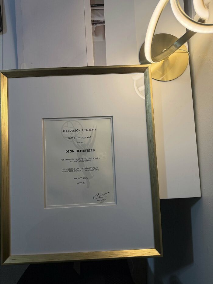 A framed Emmy Award for outstanding achievement. Highlights incredible accomplishments and motivation.