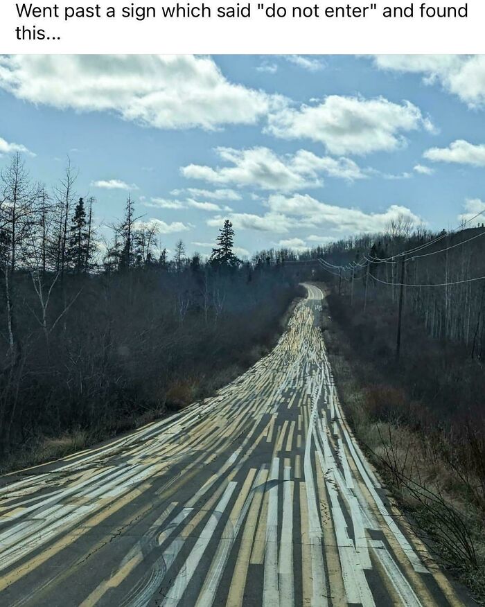 A road with long, parallel strips of sunlight and shadow stretching into the distance, an interesting moment.