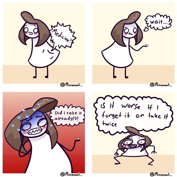 A Minimaali comic showing a person's anxiety about taking medicine, wondering if forgetting or taking it twice is worse.