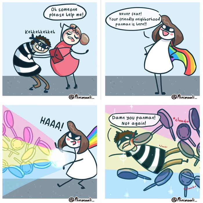 A comic about relationships and everyday life, showing a superhero saving someone from a robber using frying pans.