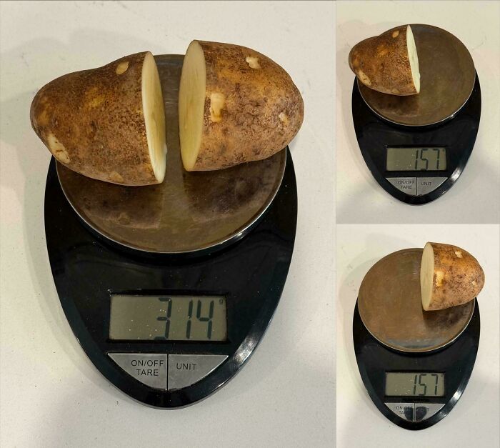 A potato perfectly halved and weighed, showing an interesting and unexpected moment of precision.