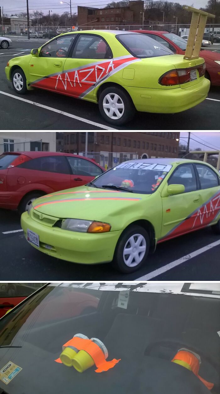 A lime green car with a DIY wooden spoiler, creative but hilariously bad example of DIY car modifications.