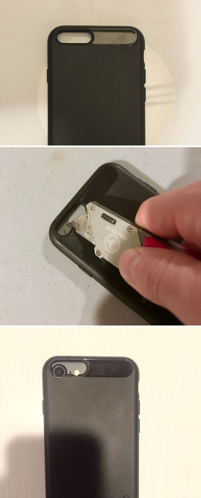 A hilariously bad DIY example: a phone case being crudely cut with a utility knife to fit the camera lens.