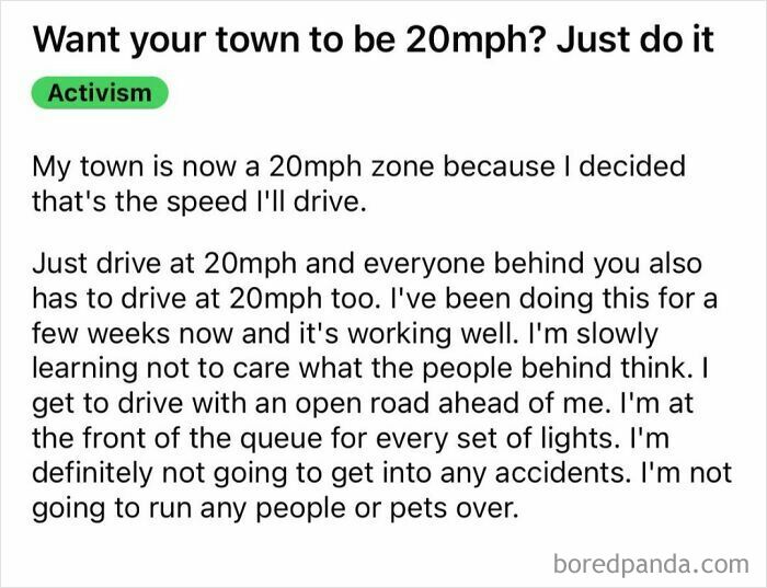 A Reddit post about an entitled driver who drives 20mph everywhere, acting like others are extras in their world.