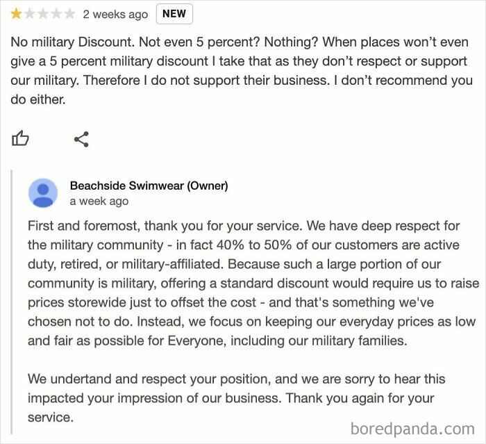 An entitled customer complaining about a lack of military discount in an online review, acting like they are an extra.