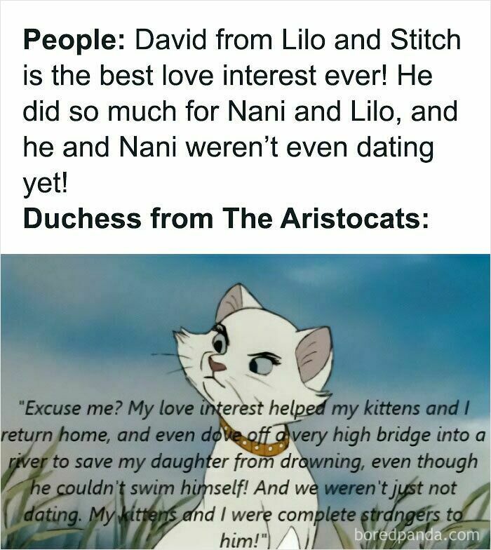A meme contrasting David from Lilo and Stitch with Duchess from The Aristocats, a wholesome image highlighting love interests.