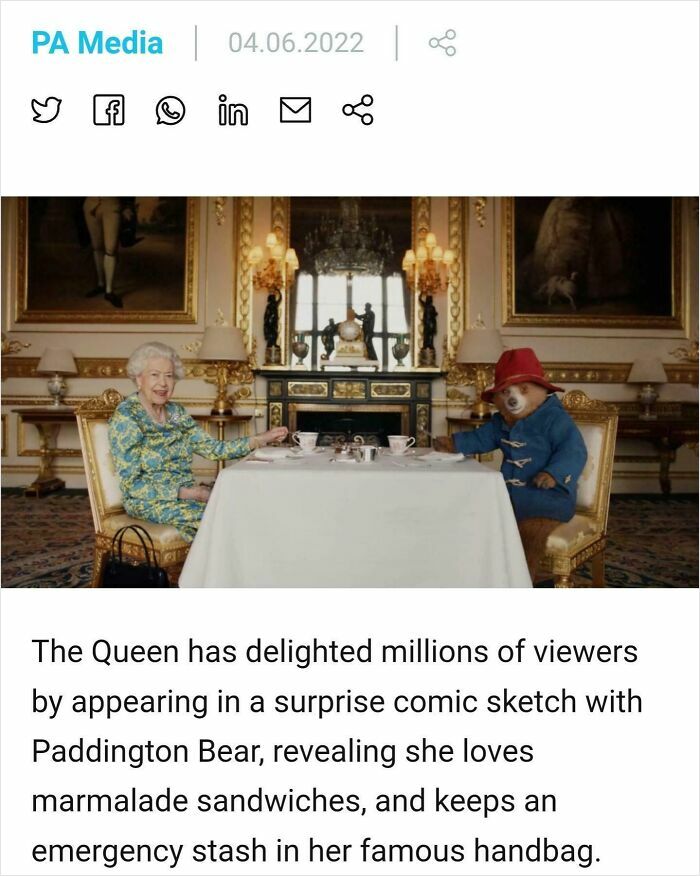 Screenshot of Queen Elizabeth II and Paddington Bear having tea, representing wholesome images.