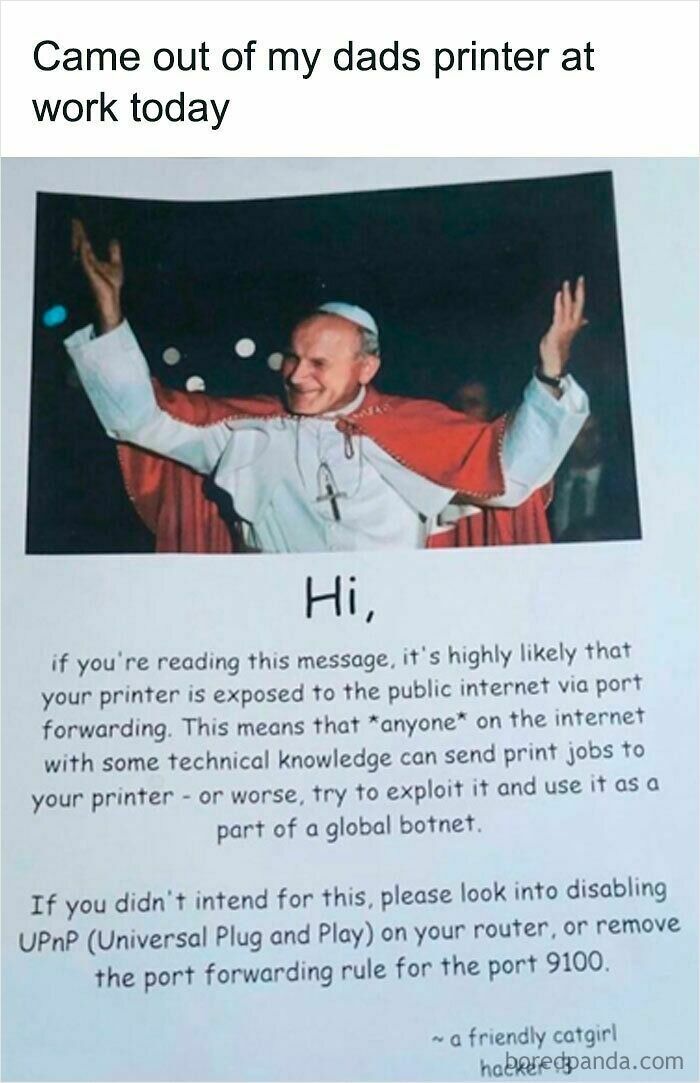 Wholesome images of a printer warning about public internet exposure, featuring a smiling Pope John Paul II.