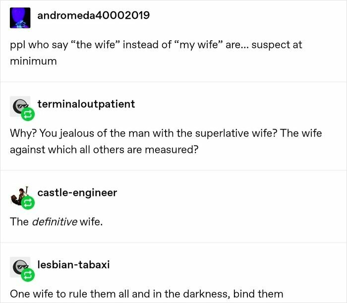 A screenshot of wholesome images from a Reddit discussion about the superlative wife.
