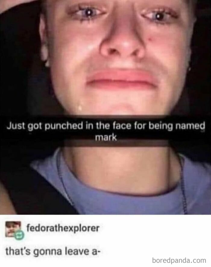 A person crying with a caption about being punched for their name, leading to a creative and cursed comment.
