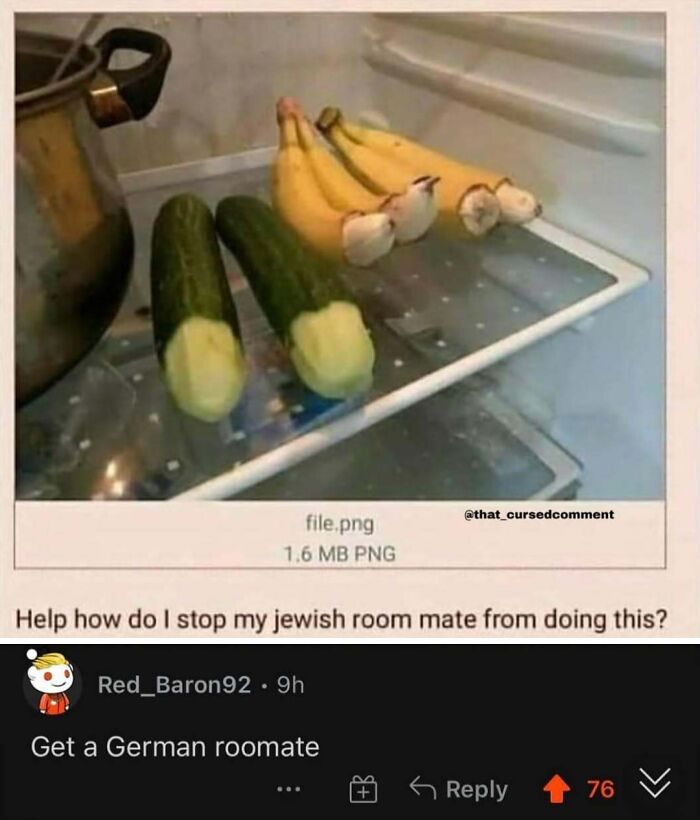 Bananas and peeled cucumbers in a fridge, with a creative and cursed comment suggesting a German roommate.