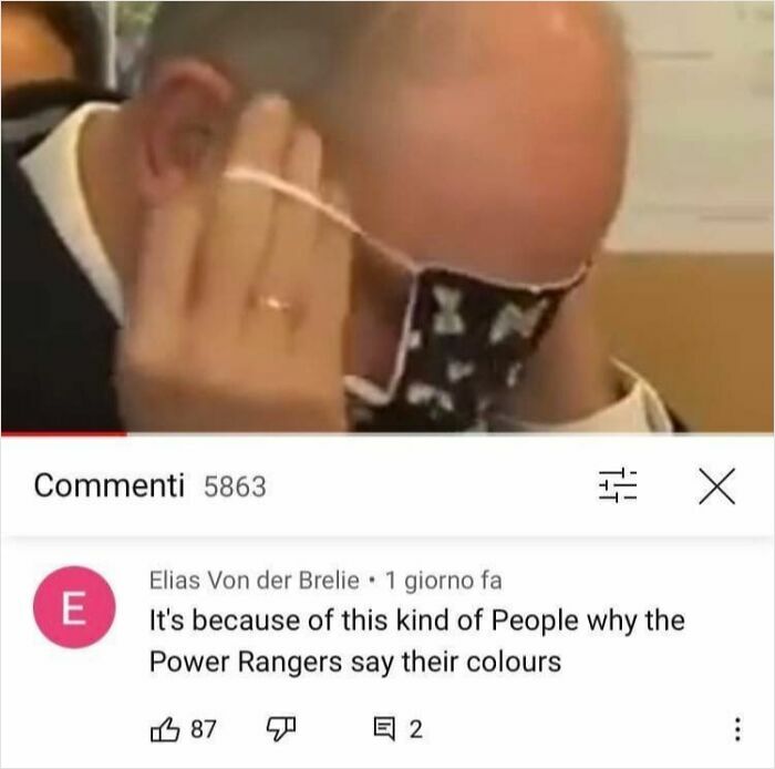 A man struggling to put on a face mask, with a creative and cursed comment about Power Rangers below.