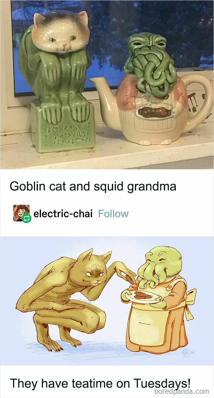 Wholesome images of a goblin cat and squid grandma teapot and their animated tea time.