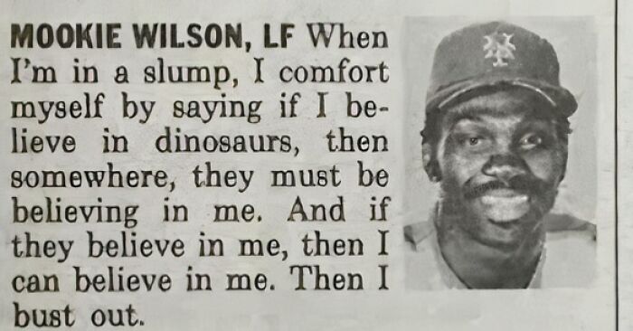 A wholesome image of an article featuring Mookie Wilson discussing his comforting belief in dinosaurs.