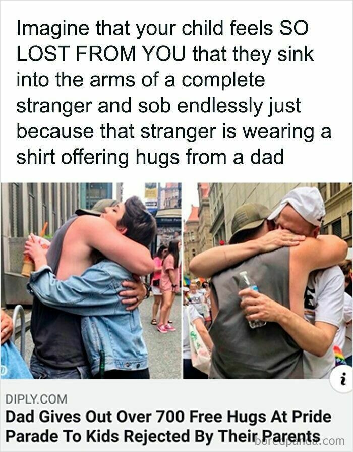 A wholesome image featuring a dad giving free hugs at a Pride Parade to children rejected by their parents.