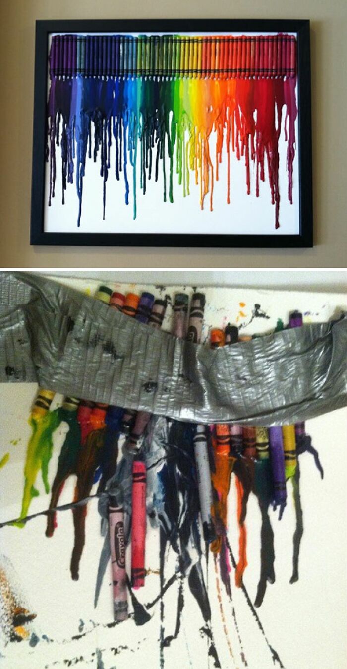 A hilariously bad DIY example of melted crayons on a canvas, taped with duct tape.