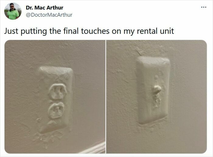 A DIY fail: electrical outlets and light switches completely painted over, making them unusable.