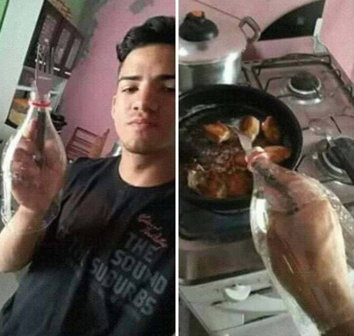 A man using a fork attached to a plastic bottle as a DIY cooking utensil to flip food in a pan.
