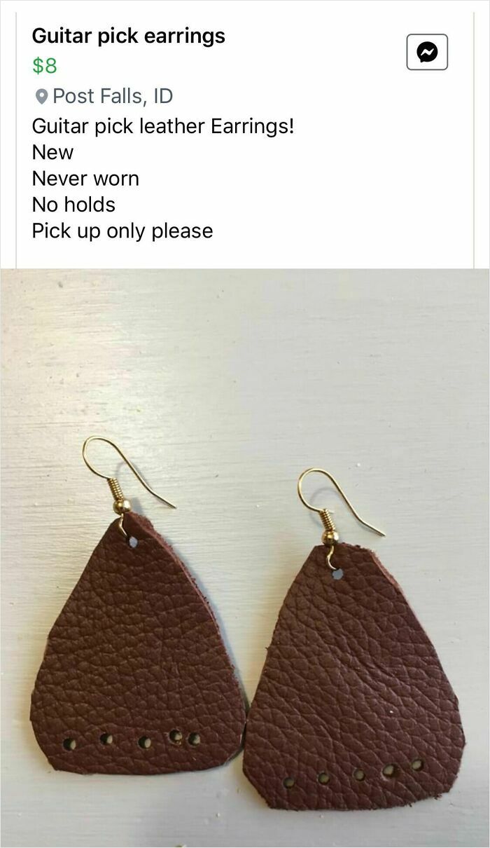 Hilariously bad DIY leather guitar pick earrings for sale, shown with a Facebook Marketplace listing.
