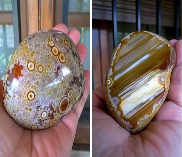 Surprising photos of objects cut in half: a person holding an intact agate stone and its polished half, revealing intricate patterns.