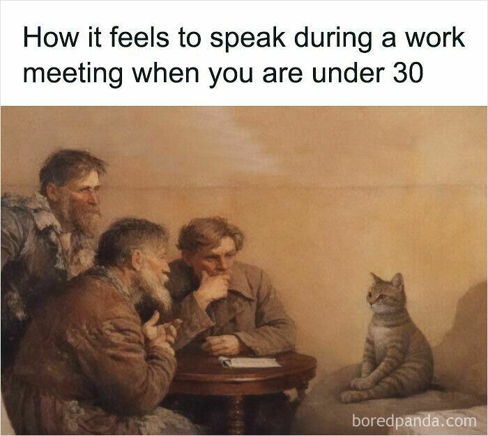 Classic art cat meme showing a cat observing three men, representing speaking at work meetings under 30.