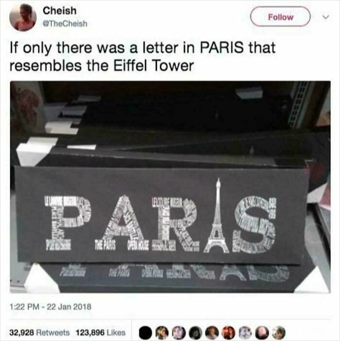 Funny fails: A design for a Paris souvenir with the Eiffel Tower replacing the wrong letter in PARIS.