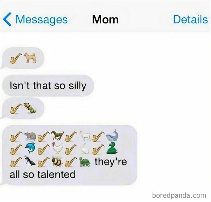 A collection of unhinged text exchanges showing a mom sending numerous animal emojis playing saxophones. These fictional text exchanges are truly hilarious.