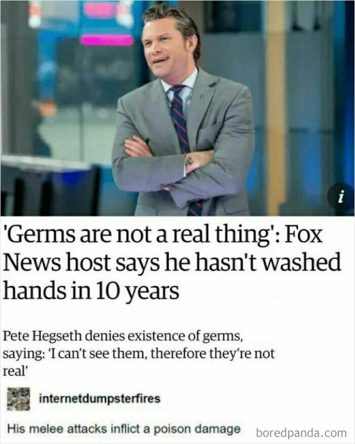 A Fox News host makes a cursed comment about not washing hands in 10 years, thinking outside the box about germs.