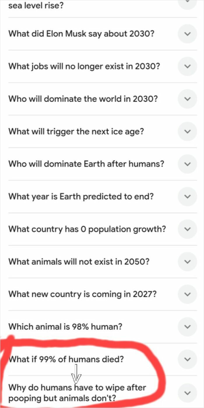 A screenshot capturing funny and weird internet moments from a list of questions, highlighting 'What if 99% of humans died?'