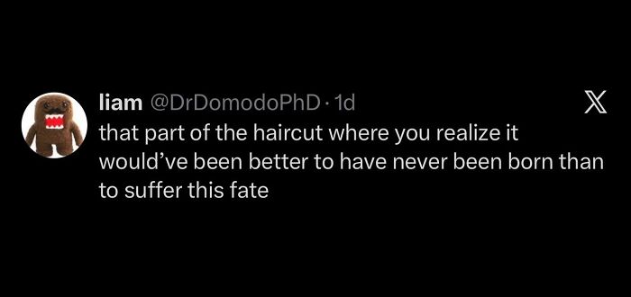 Hilarious meme tweet about a bad haircut, regretting being born rather than suffering this fate, perfect for procrastinating.