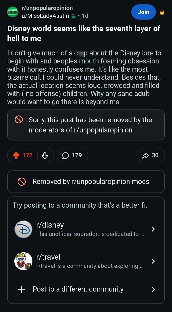 A screenshot of an unpopular opinion on Disney World, a funny internet moment that was removed by moderators.