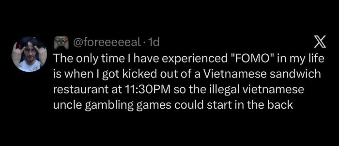 A black screen displaying a tweet about experiencing FOMO from a Vietnamese sandwich shop. Hilarious memes for procrastinating.