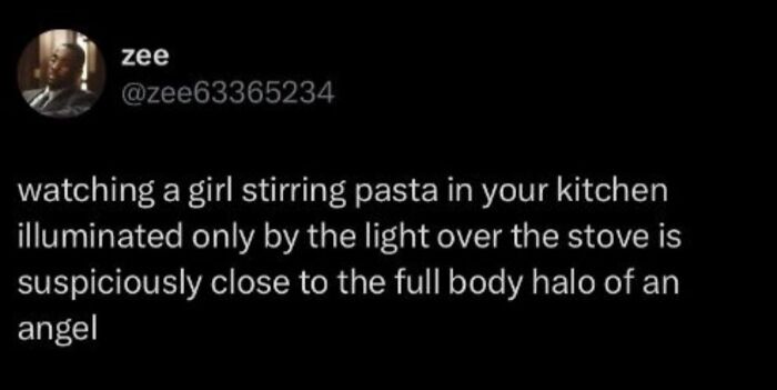 A social media post comparing stirring pasta to an angel's halo, a hilarious meme for procrastinating.