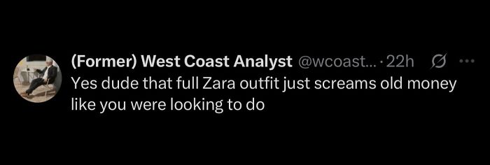 A social media post comments on a Zara outfit screaming old money, a hilarious meme to scroll through.