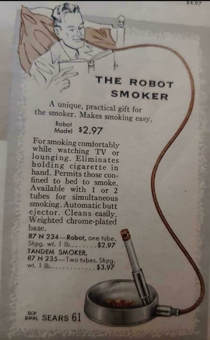 A vintage ad for a Robot Smoker, a weird and unexpected gadget designed to make smoking easier, adding interest to the day.