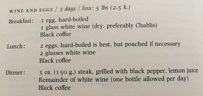 A photo of a diet plan from a book, detailing wine and eggs for three days, a weird and unexpected idea for a diet.
