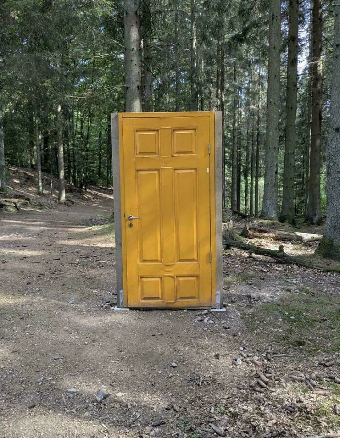 A vibrant yellow door stands mysteriously in the middle of a forest path, one of many unexpected moments.