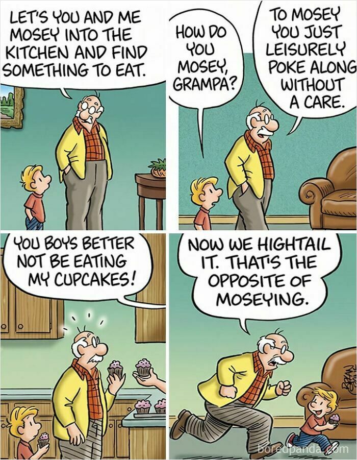 Wholesome images of a comic strip with a grandpa teaching a child how to mosey and hightail it.