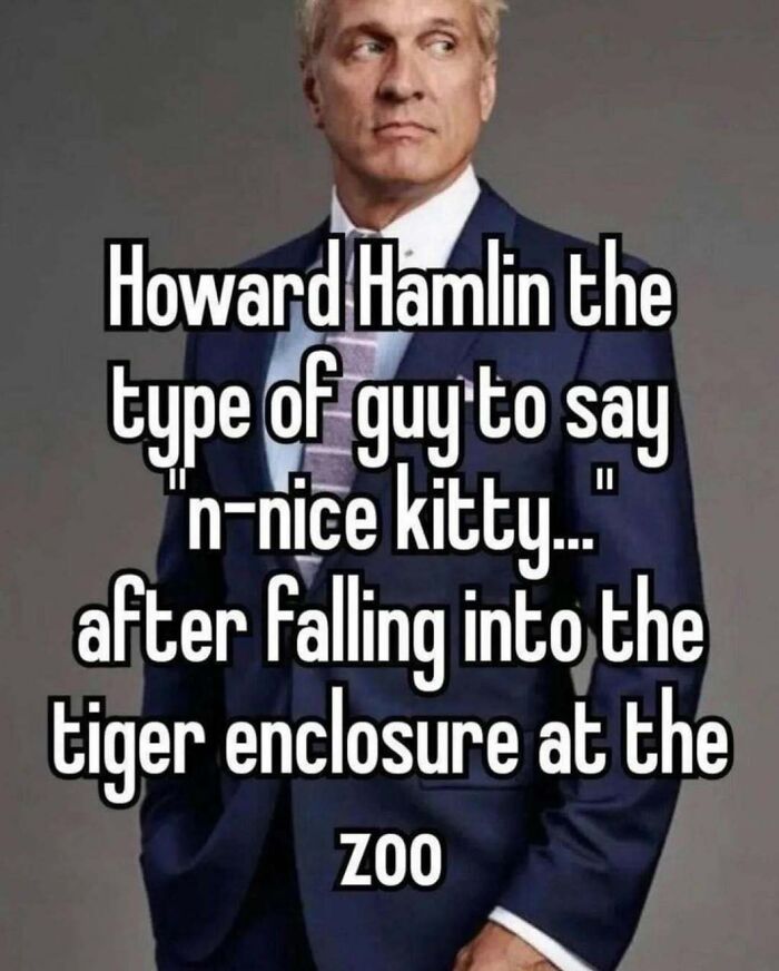 A man in a suit with text overlay, an unhinged meme about Howard Hamlin saying nice kitty after falling into a tiger enclosure.