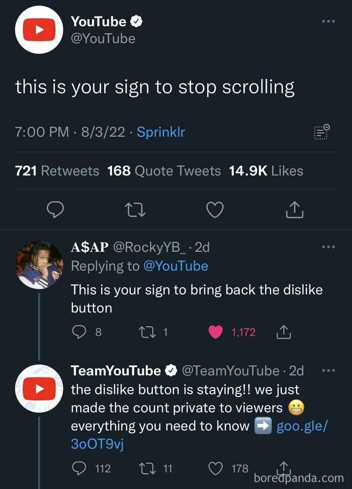 A screenshot of a Twitter conversation about YouTube's dislike button, highlighting a mildly infuriating obstacle for users.