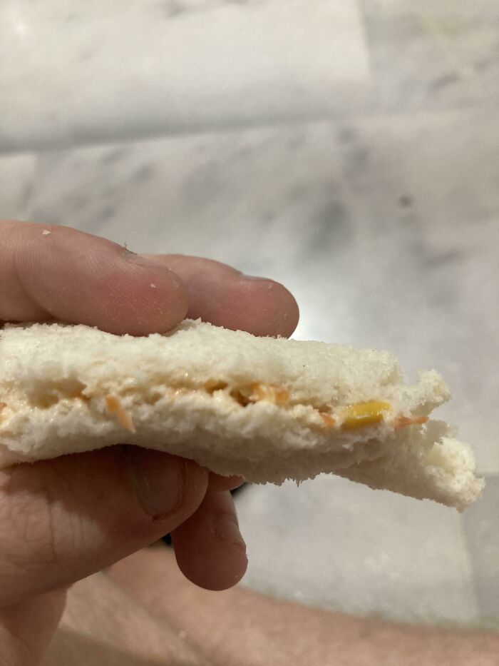 A hand holding a sandwich with the crusts cut off, revealing a sparse filling, a mildly infuriating obstacle.
