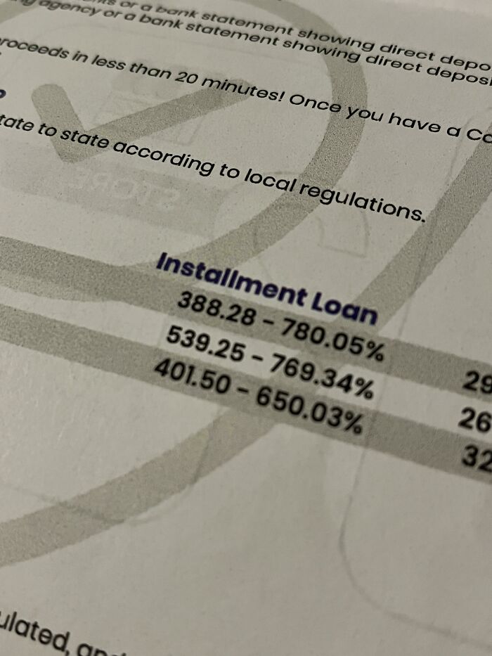 A close-up of an installment loan document with high-interest rates, a mildly infuriating financial obstacle.