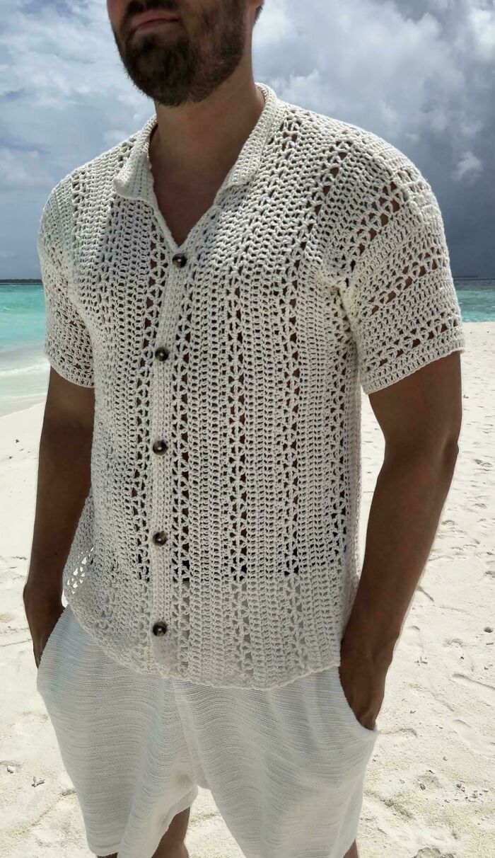 Men's white crochet shirt perfect for summer beachwear